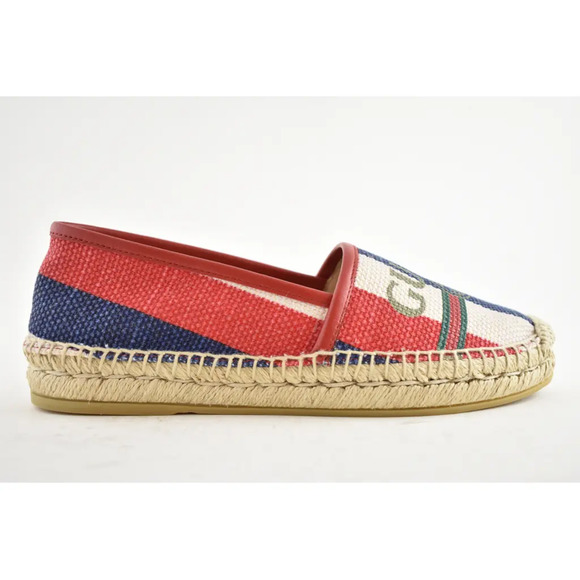 Gucci Sylvie Canvas Leather Red White Blue Logo Stripe Flat Espadrille 34.5 - Picture 2 of 11
